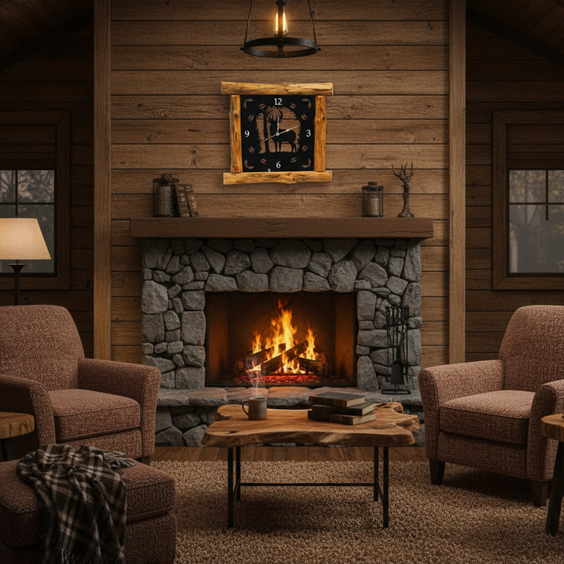 Large Rustic Wall Clock with 16" Analog Display, Pine Log Frame, Metal Wildlife Art Clock Face