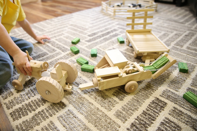Little Farmer Hay Baling Toy Set - Wooden Toy Tractor, Hay Baler, Hay Wagon and 16 Hay Bales