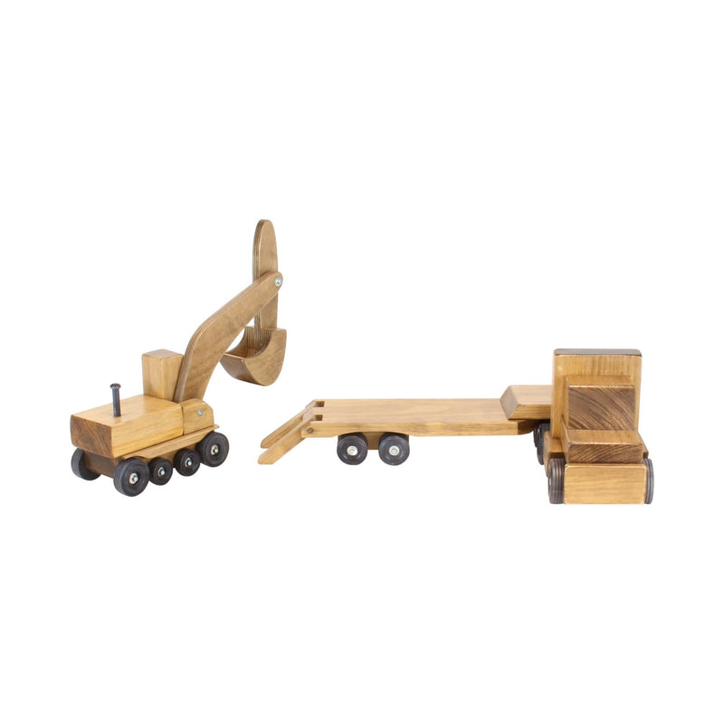 Large Wooden Toy Truck & Low Boy Flatbed Trailer with Excavator Set