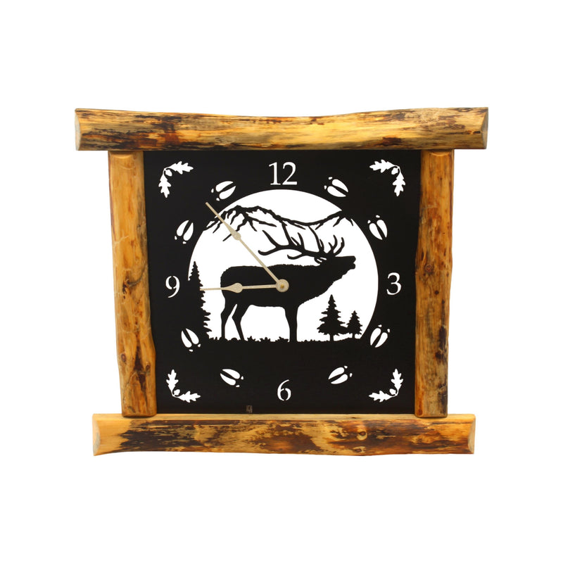 Large Rustic Wall Clock with 16" Analog Display, Pine Log Frame, Metal Wildlife Art Clock Face