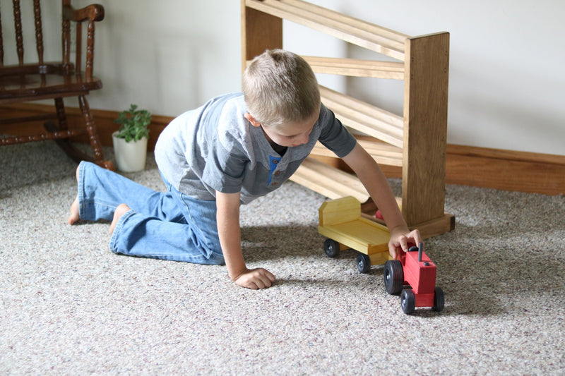 Amish-Made Wooden Toy Tractor and Wagon Set with Hay Bales