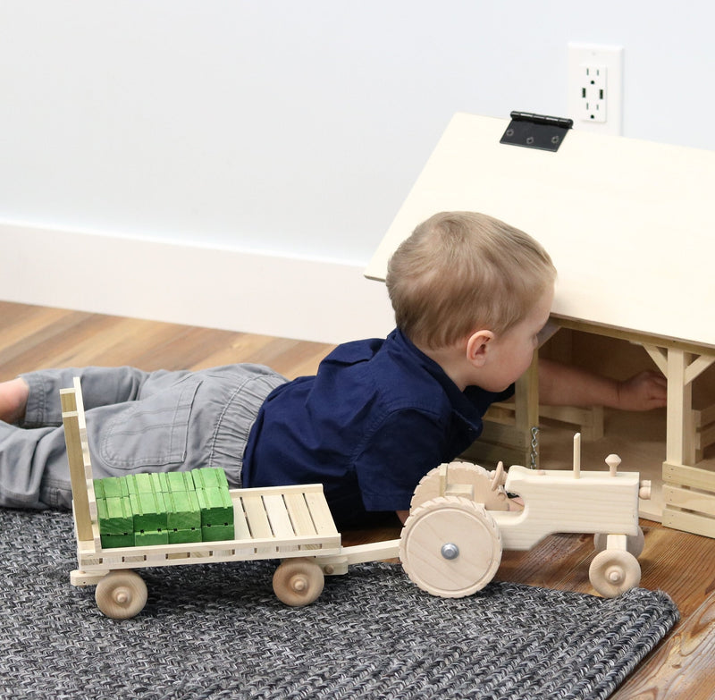 Amish-Made Wooden Toy Tractor & Hay Wagon Set with Hay Bales