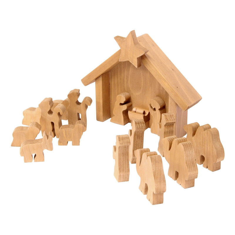 AmishToyBox.com Wooden Nativity Manger Scene Set, 14 Pieces
