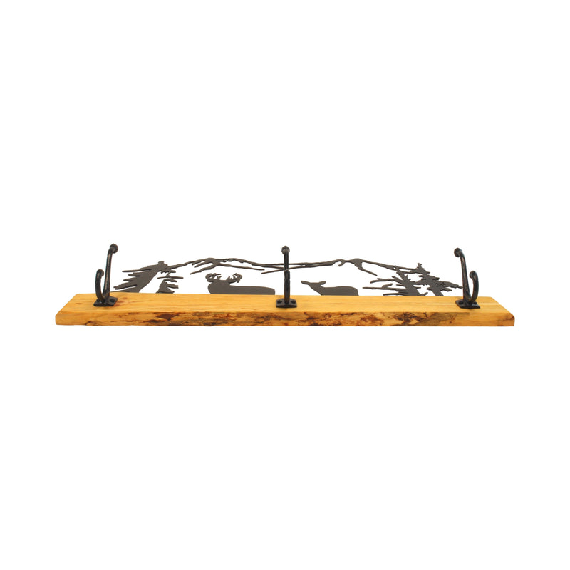 Rustic Coat Rack With 3 Hooks - Pine Wood Coat Hanger with Wilderness Metal Art Silhouette