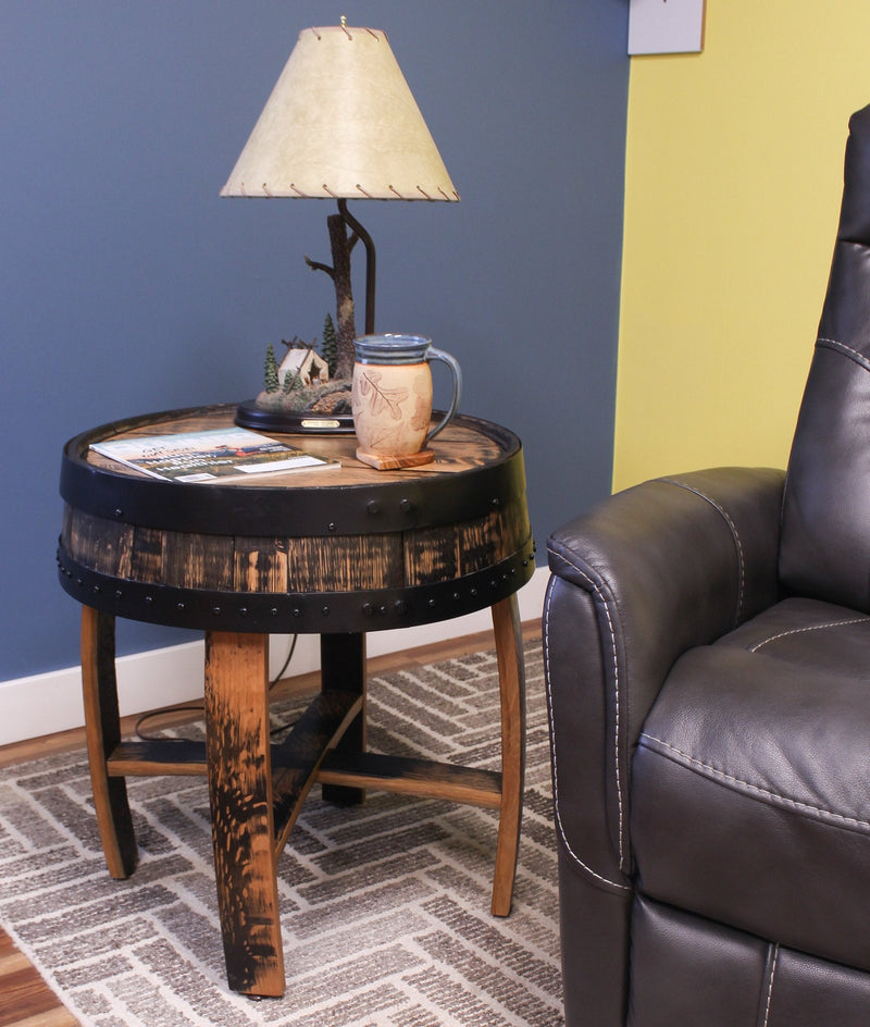 Amish-Made Rustic Barrel-Top End Table, Reclaimed Whiskey Barrel Table with Barrel Rings