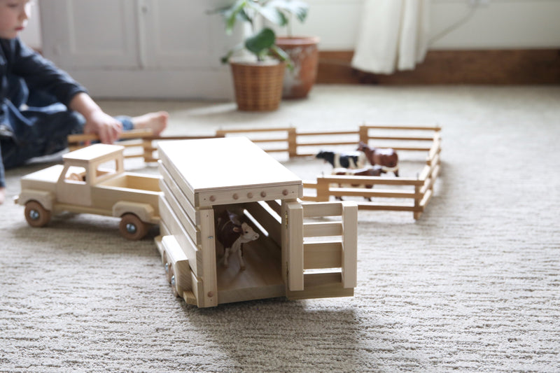 Amish-Made Wooden Pickup & Horse Trailer Toy Set, Unfinished