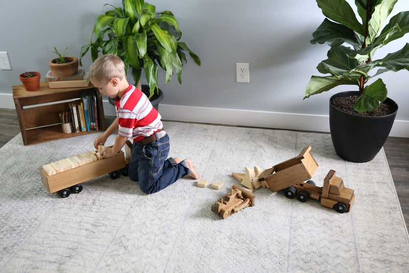 Large Wooden Semi Truck and Trailer Toy with Building Blocks