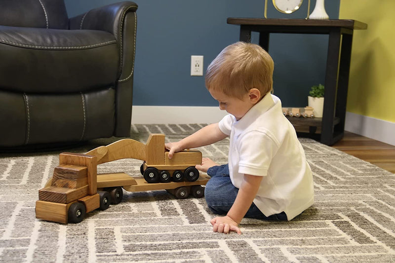 Large Wooden Toy Truck & Low Boy Flatbed Trailer with Excavator Set