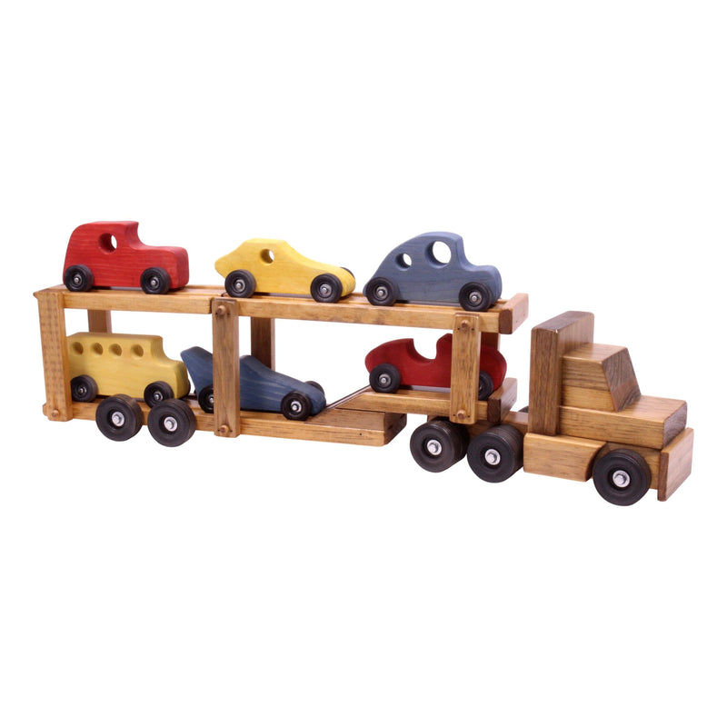 AmishToyBox.com Wooden Car-Carrier Semi Truck and Trailer Toy Set with 6 Cars