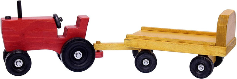 Amish-Made Wooden Toy Tractor and Wagon Set with Hay Bales