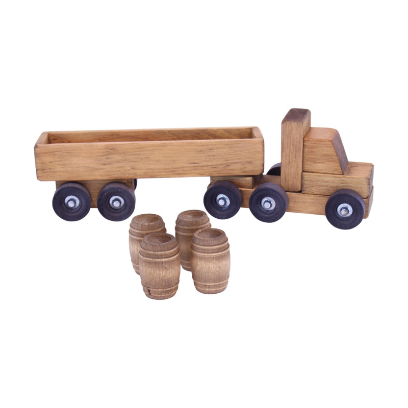 Wooden Barrel Semi Truck Toy, Small, With 4 Wooden Barrels