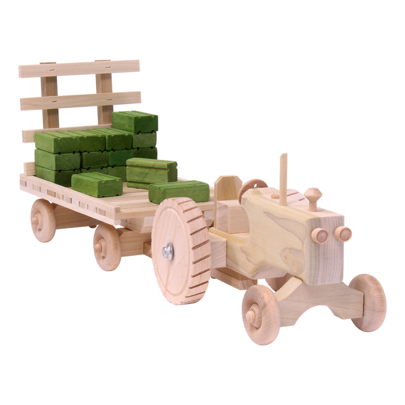 Amish-Made Wooden Toy Tractor & Hay Wagon Set with Hay Bales