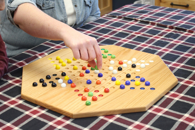 Hand-Painted Oak Wooden Chinese Checkers Board Game, 19" Wide