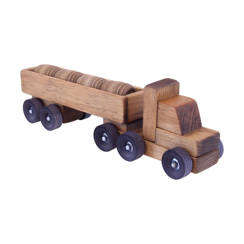 Wooden Barrel Semi Truck Toy, Small, With 4 Wooden Barrels