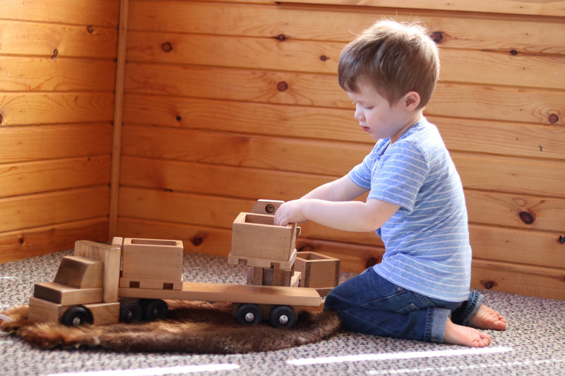 Large Wooden Semi Bin Truck and Trailer Toy Set with Forklift