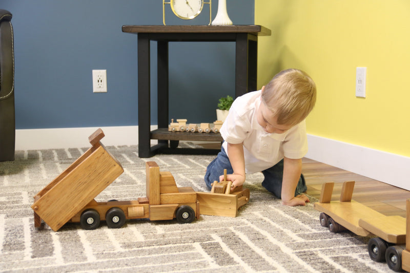 Wooden Dump Truck Toy With Real Rolling Wheels and Dumping Bed