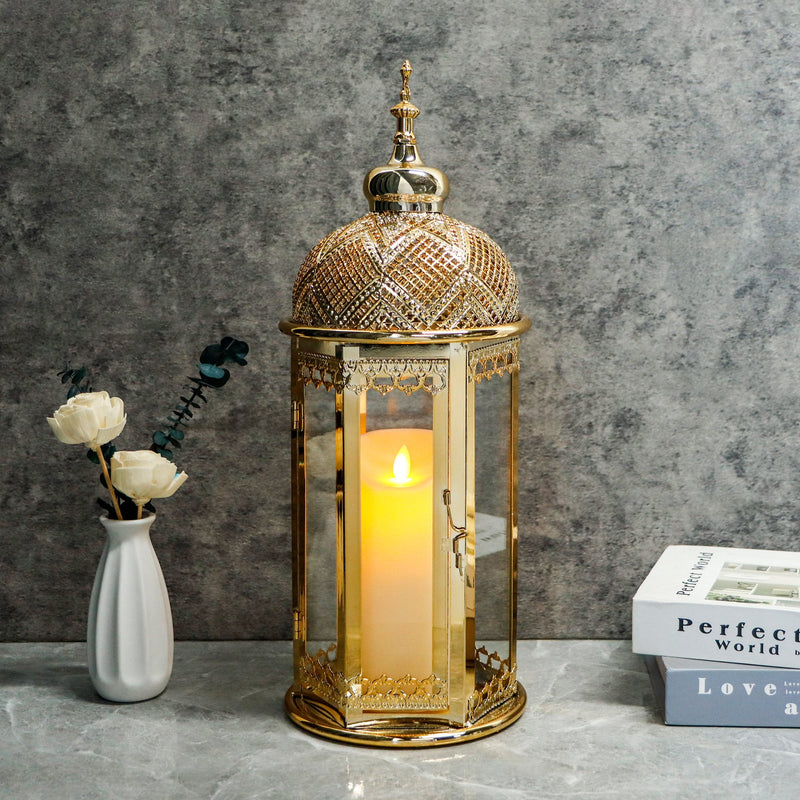Moroccan Candle Lantern 17'' Gold Hexagonal Candle Holder, photo 2 of 6