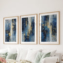 Navy Blue and Gold Triptych. Sparkle Oil Painting Prints by Wall Art Set