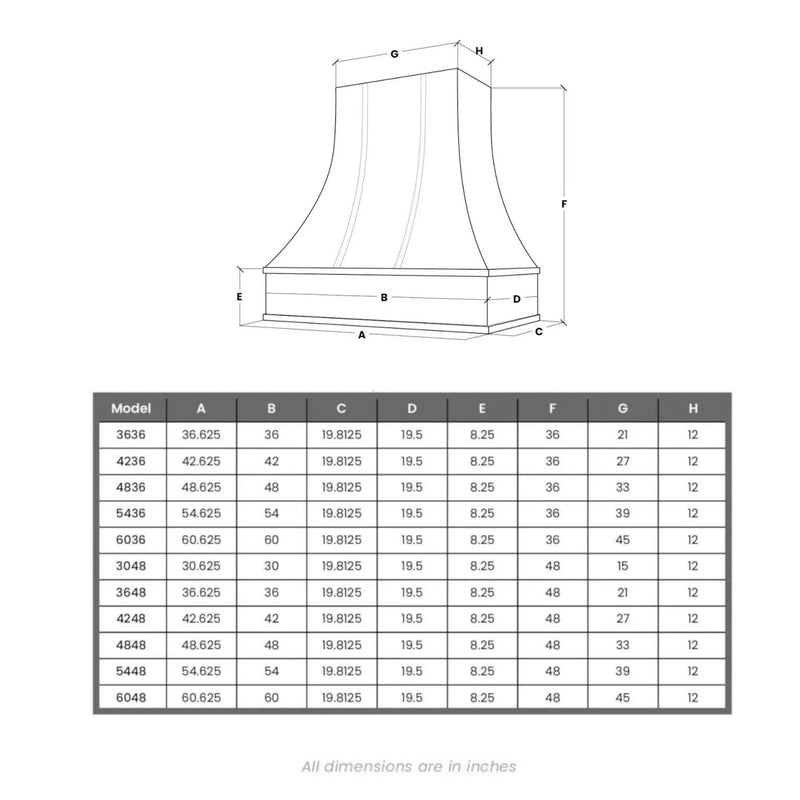 Stained Gray Range Hood With Curved Front and Brass Strapping - 30", 36", 42", 48", 54" and 60" Widths Available