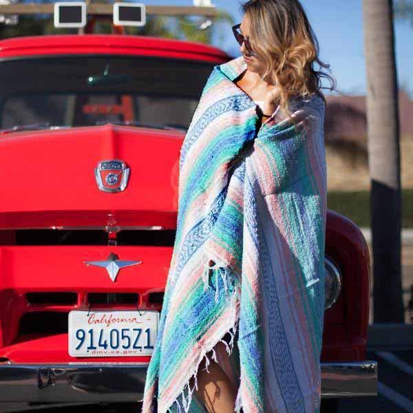 Mint, Blue & Coral Peach Mexican Falsa Blanket