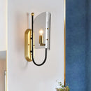 GobekUsa Mid Century Black-Brass 1-Light Hall Wall Sconce Lamp with Smoke Grey Curving Glass Shade