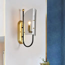 GobekUsa Mid Century Black-Brass 1-Light Hall Wall Sconce Lamp with Smoke Grey Curving Glass Shade