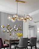 GobekUsa Mid-Century Gold Island Pendant Light - 8 Lights, Spherical Glass, Perfect for Dining Table