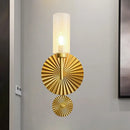 GobekUsa Mid Century Tubular Wall Sconce with Clear/Amber/Smoke Grey Glass and Brass Scalloped Backplate
