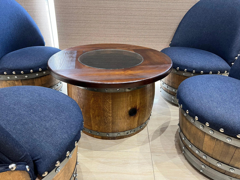 Mid-Barrel Coffee Table With Removable Glass Top - Wine/Whiskey/Bourbon Barrel Storage Table - Rustic Furniture