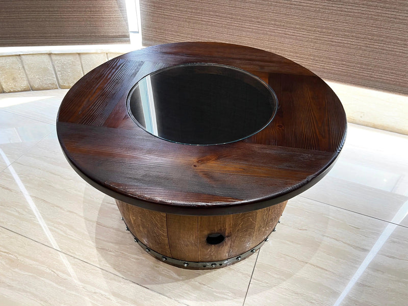 Mid-Barrel Coffee Table With Removable Glass Top - Wine/Whiskey/Bourbon Barrel Storage Table - Rustic Furniture