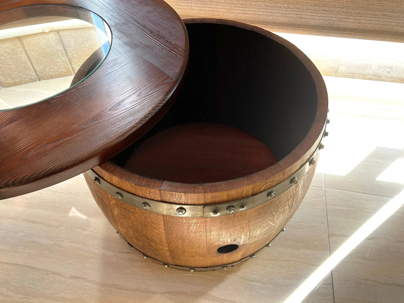 Mid-Barrel Coffee Table With Removable Glass Top - Wine/Whiskey/Bourbon Barrel Storage Table - Rustic Furniture