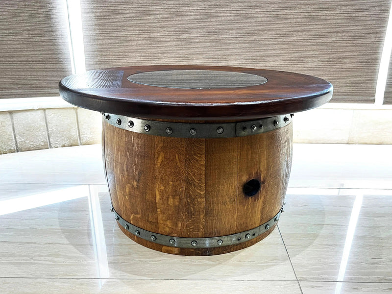 Mid-Wine Barrel Table - Wood-Glass