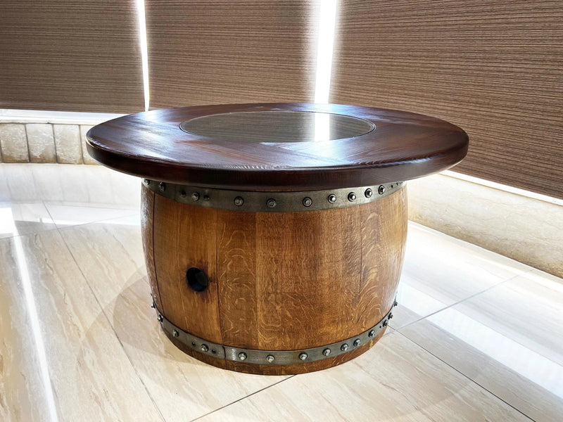 Mid-Barrel Coffee Table With Removable Glass Top - Wine/Whiskey/Bourbon Barrel Storage Table - Rustic Furniture