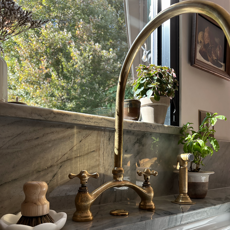 Arched Bridge Unlacquered Brass Kitchen Faucet With Sprayer for Large Farmhouse Sink