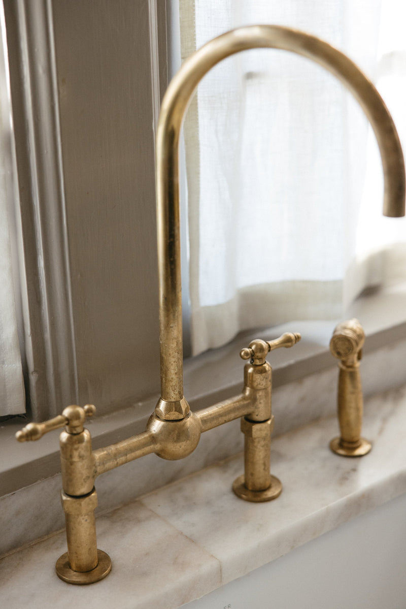 Natural Unlacquered Brass Bridge Kitchen Faucet 8" Lever Handles