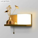 GobekUsa Nordic Milk Glass Cube Wall Sconce with Wood Shelf, Pull Chain - 1-Bulb Wall Light