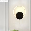 GobekUsa Minimal Acrylic LED Bedroom Sconce: Circular Wall Mount Light in Black with Pull Chain