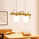 GobekUsa Beige Drum Island Lighting: Simple 2/3 Heads Pendant Lamp with Opaque Glass and Bird on Wood Branch Design