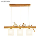 GobekUsa Beige Drum Island Lighting: Simple 2/3 Heads Pendant Lamp with Opaque Glass and Bird on Wood Branch Design