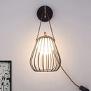 GobekUsa Minimalist Black LED Wall Sconce with Leather Handle - Pear Cage Iron Design
