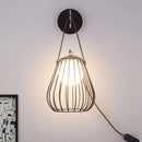 GobekUsa Minimalist Black LED Wall Sconce with Leather Handle - Pear Cage Iron Design