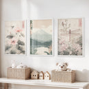 Japandi Style Set of 3 Wall Art. Floral and Mountain Prints by Wall Art Set