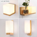 GobekUsa Minimalist Geometric Stairs Wall Sconce - Cream Glass Single Flush Light in Wood