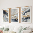 3 Piece Modern Abstract Marble Wall Art: Navy Blue and Gold by Wall Art Set