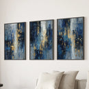 Navy Blue and Gold Triptych. Sparkle Oil Painting Prints by Wall Art Set