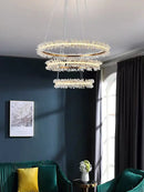 GobekUsa Crystal Gold/Black Ring LED Chandelier: Minimalist Luxury Hanging Ceiling Light Fixtures