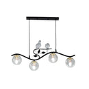 GobekUsa Minimalist Metal Wavy Island Pendant with 4-Light Black Hanging Lamp, Ball Glass Shade, and Bird Deco