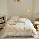 GobekUsa French Carved Velvet Lace Ruffles Bedding Set, Coral Velvet Duvet Cover, Luxury Bed Sheet