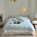 GobekUsa French Carved Velvet Lace Ruffles Bedding Set, Coral Velvet Duvet Cover, Luxury Bed Sheet