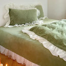 GobekUsa French Carved Velvet Lace Ruffles Bedding Set, Coral Velvet Duvet Cover, Luxury Bed Sheet